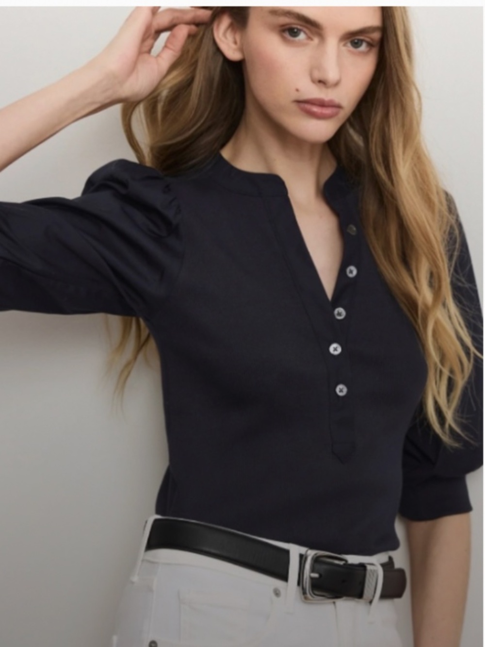 Veronica Beard Coralee Puff Sleeve Henley Top Navy XS